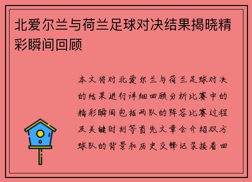北爱尔兰与荷兰足球对决结果揭晓精彩瞬间回顾