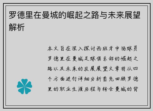 罗德里在曼城的崛起之路与未来展望解析