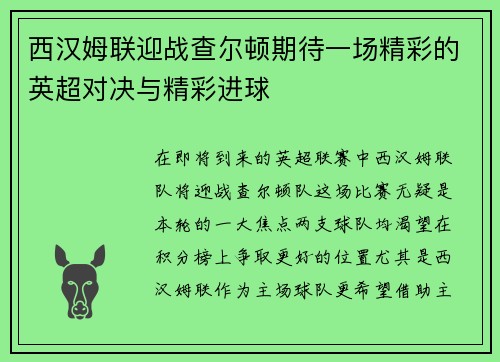 西汉姆联迎战查尔顿期待一场精彩的英超对决与精彩进球