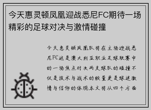 今天惠灵顿凤凰迎战悉尼FC期待一场精彩的足球对决与激情碰撞