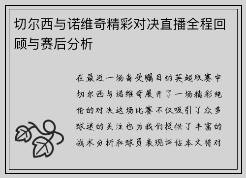 切尔西与诺维奇精彩对决直播全程回顾与赛后分析