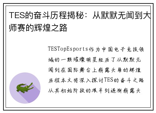 TES的奋斗历程揭秘：从默默无闻到大师赛的辉煌之路